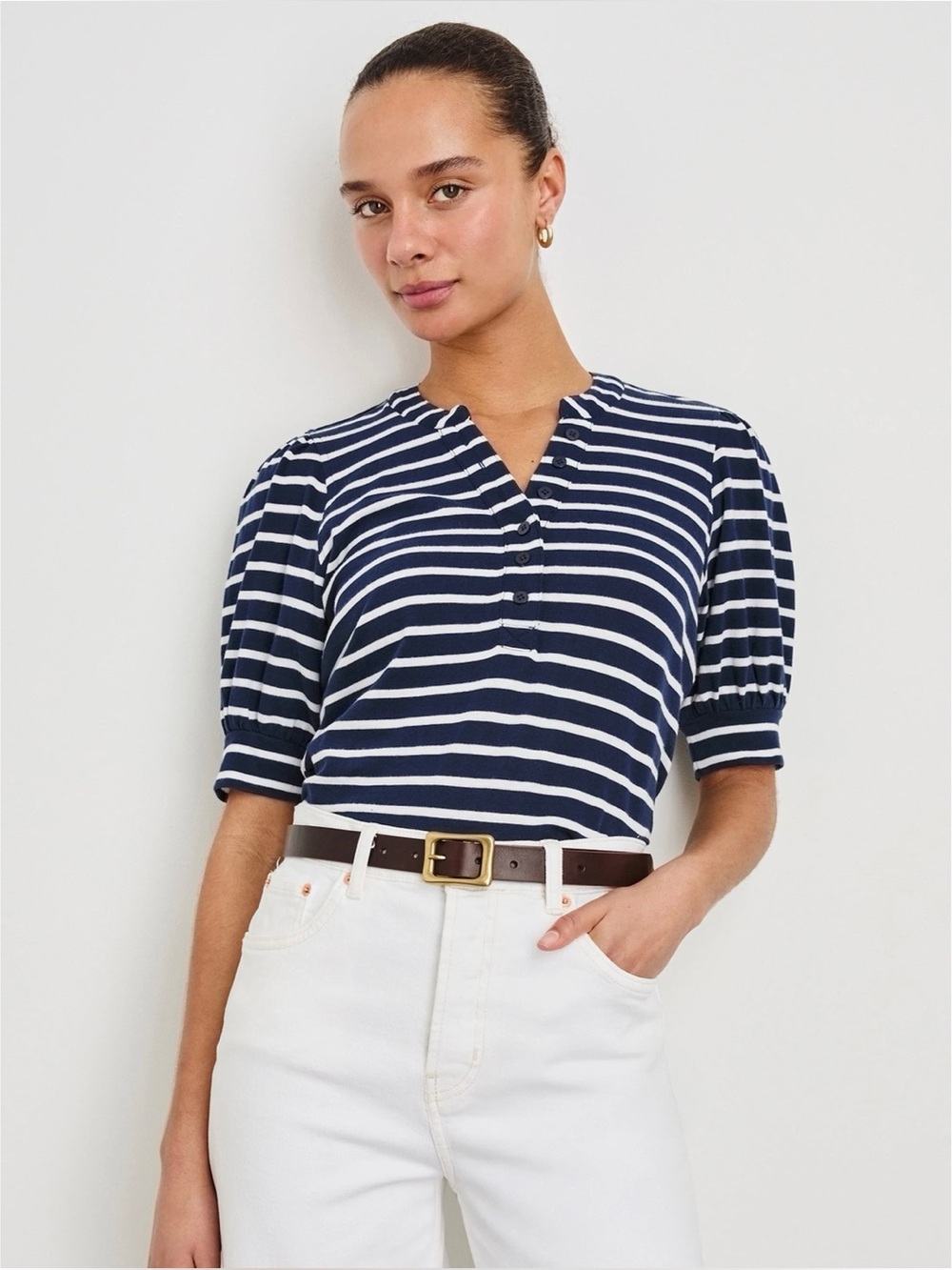 NWOT Rails “Jewel Top” navy striped puff sleeve button detail blouse (XL)